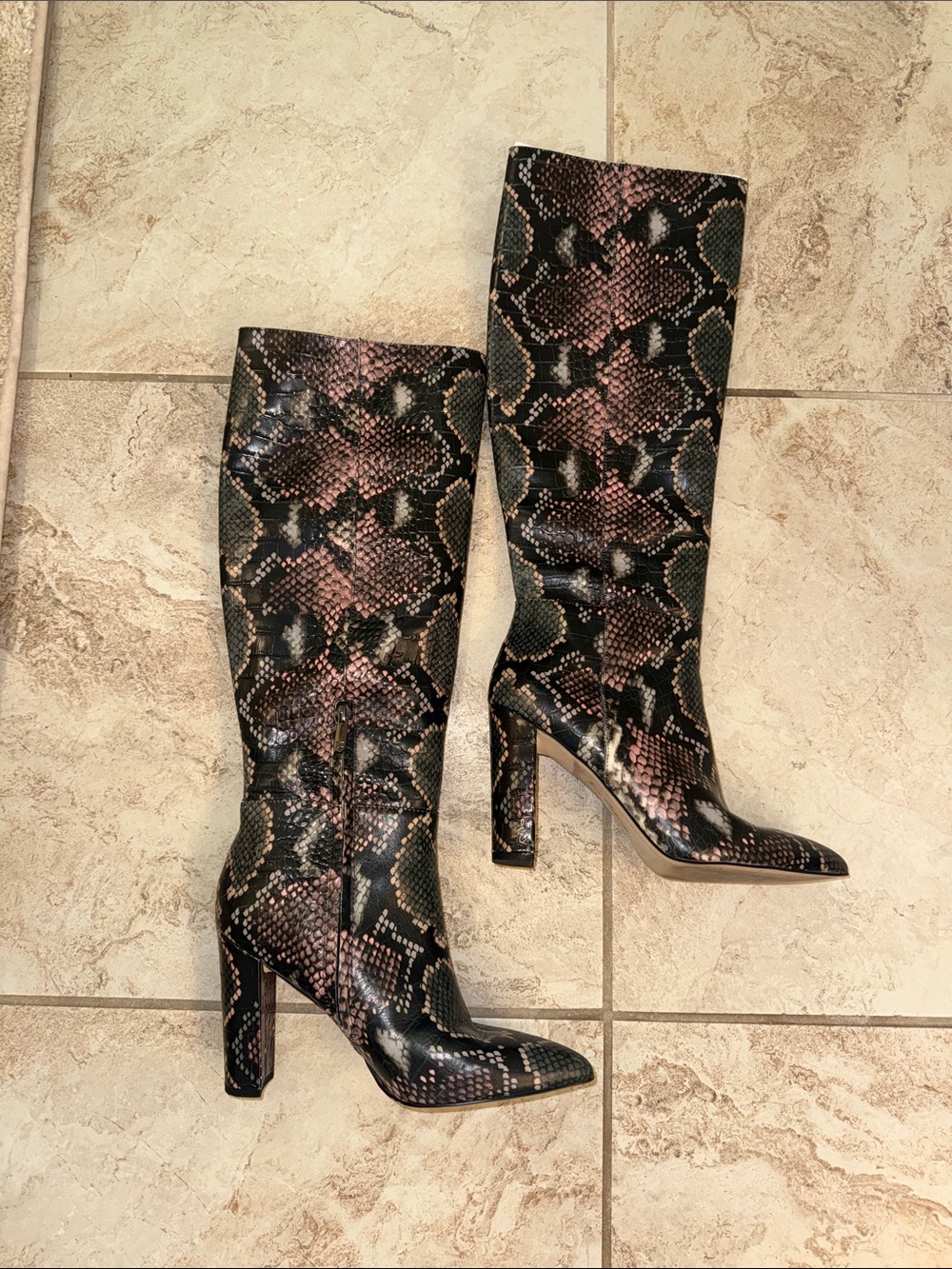 Sam Edelman Knee-High Snakeskin Block Heel Boots - Pink & Black